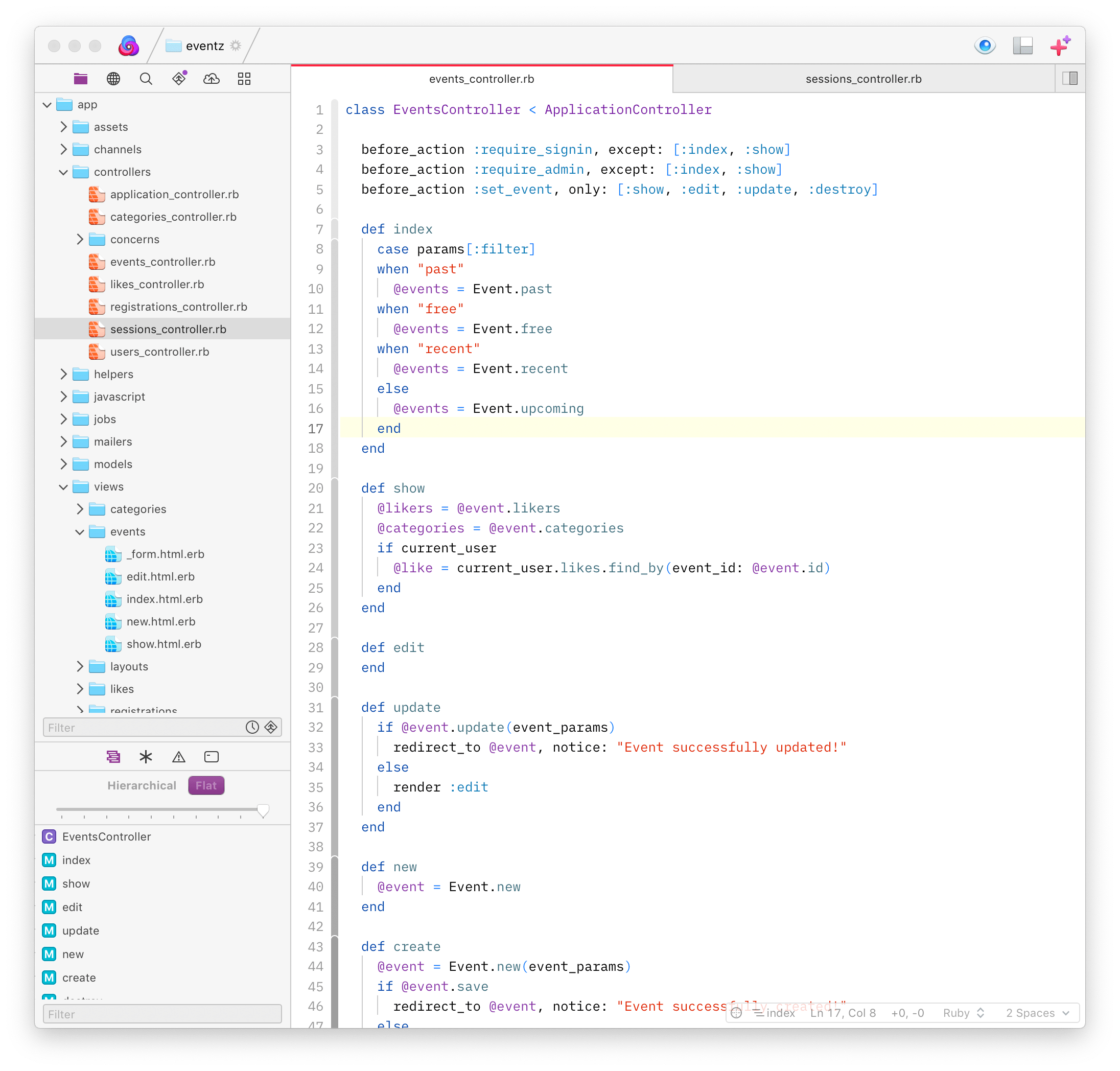 A screenshot of Nova's main window, showing its sidebar and a Ruby file.